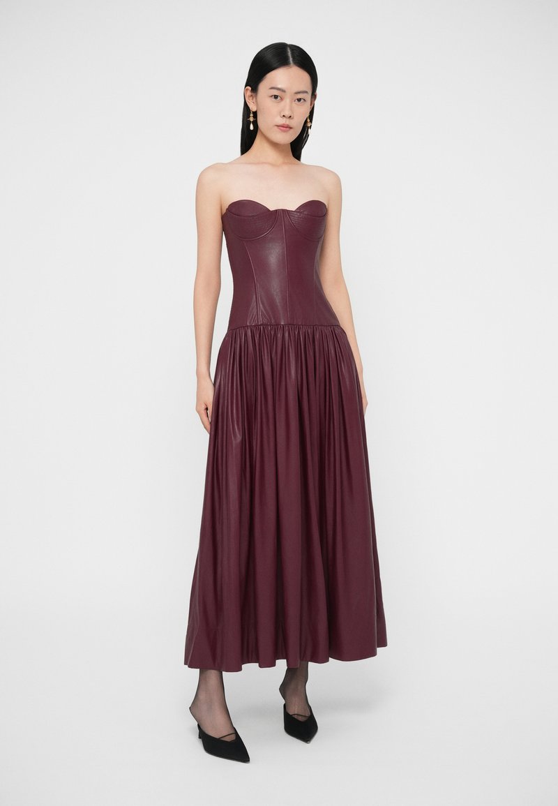 princess polly baby blue dress Chic Burgundy Winter Outfit: Strapless Dress, Black Heels & Leather Jacket