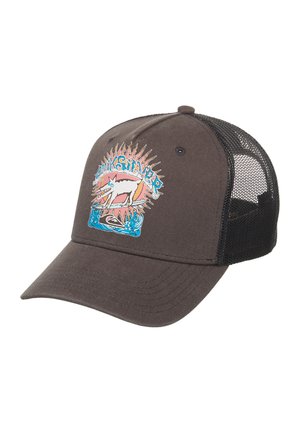 Casquette à dos en maille gris foncé avec un graphique coloré d'un loup surfant sur l'eau sous un soleil stylisé sur le panneau avant.