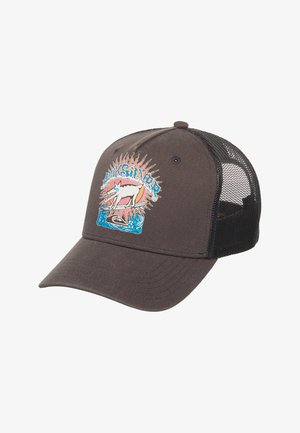 Ciemnoszara czapka z siateczkowym tyłem, na przednim panelu kolorowa grafika przedstawiająca wilka surfującego na wodzie pod stylizowanym słońcem.