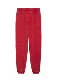 Röda, avslappnade sweatpants med elastisk midja och muddar; mjuk känsla med en något urblekt yta.