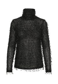 Mustmust turtleneck-sweater tekstureeritud kangaga, millel on lõhenenud viimistlus varrukate ja allääre ääres ning sobiv siluett.