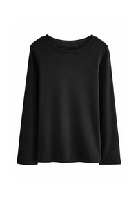 Schwarzes langärmliges Rippstrickshirt mit rundem Ausschnitt, vor einem weißen Hintergrund präsentiert.