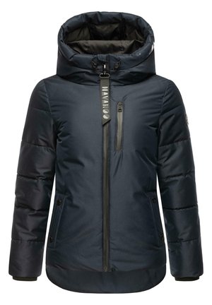 Tengerészeti pufi dzseki magas gallérral, cipzáras elejével és két oldalsó zsebbel. Jellemzője a steppelt textúra és a matt felület.