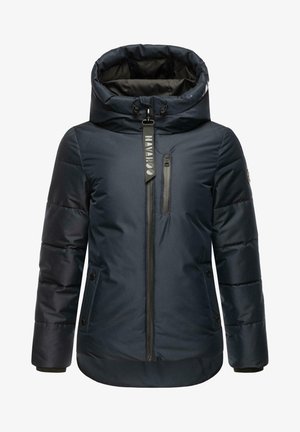 Giacca puffer navy con colletto alto, chiusura frontale con cerniera e due tasche laterali. Presenta una texture trapuntata e una finitura opaca.