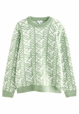Green and white patterned sweater with a crew neckline, featuring a geometric design and ribbed cuffs and hem. Soft, textured material.