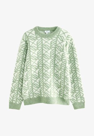 Žalias ir baltas raštuotas megztinis su apvaliu kaklu, turintis geometrijos dizainą ir briaunotas rankoves bei apatinę dalį. Minkšta, tekstūruota medžiaga.