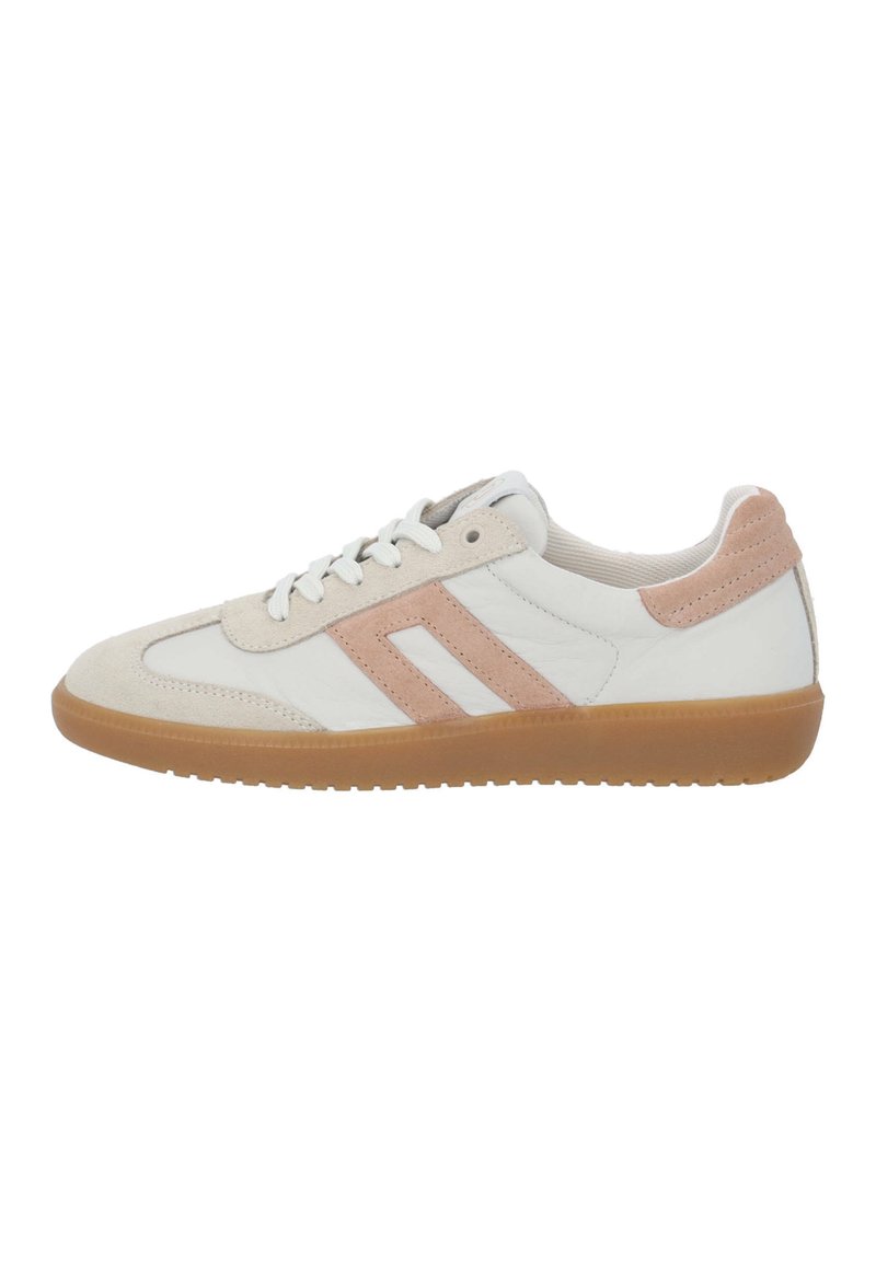Sneaker bianco e beige con accenti rosa, realizzato in materiali scamosciati e in pelle, punta rotonda e suola in gomma. Presenta due strisce orizzontali.