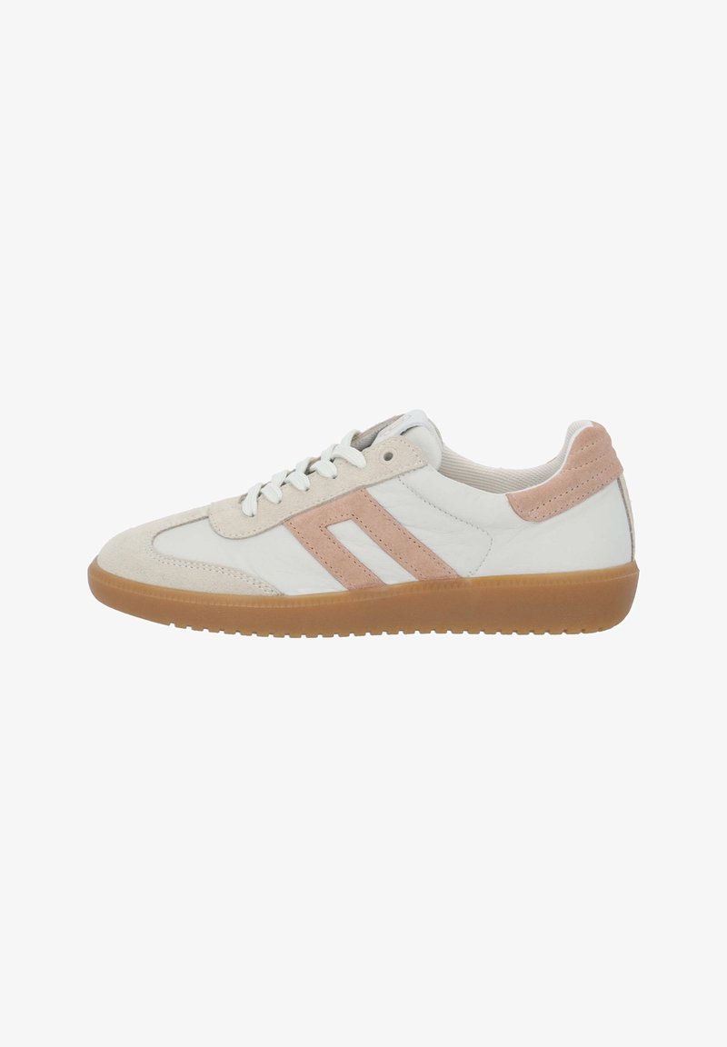 Sneaker bianco e beige con accenti rosa, realizzato in materiali scamosciati e in pelle, punta rotonda e suola in gomma. Presenta due strisce orizzontali.