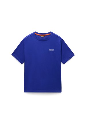 Blå bomulds T-shirt med korte ærmer, rund halsudskæring og et lille logo på brystet. Har kontrasterende orange syninger langs skuldrene.