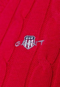 Roter gestrickter Pullover mit einem Zopfmuster, ausgestattet mit einem grauen gestickten Logo in der Mitte. Die Textur wirkt weich und strukturiert.