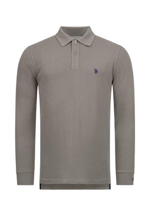 Long-sleeve polo shirt in light grey cotton, featuring a two-button placket and a navy blue embroidered logo on the chest.