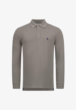 Long-sleeve polo shirt in light grey cotton, featuring a two-button placket and a navy blue embroidered logo on the chest.