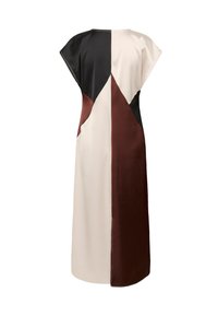 Rochie color-block cu negru, crem și marron închis din satin. Mâneci scurte, formă relaxată și tiv la genunchi. Textură netedă.