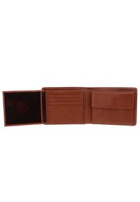 Brown leather wallet with a bifold design, six card slots, a cash pocket, and a transparent ID window. Smooth texture with contrasting stitching.