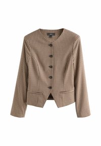 Brown checkered jacket with a mandarin collar, six black buttons, long sleeves, and two front pockets. Designed with tailored fit and structured seams.