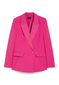 Blazer fucsia con una texture liscia, caratterizzato da un rever con intaglio, chiusura a doppio bottone e due tasche frontali con patta.