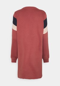 Sweatshirt à manches longues en rouille avec des accents bleu marine, beige et rose clair sur les manches. Texture douce et coupe décontractée. Encolure ronde.