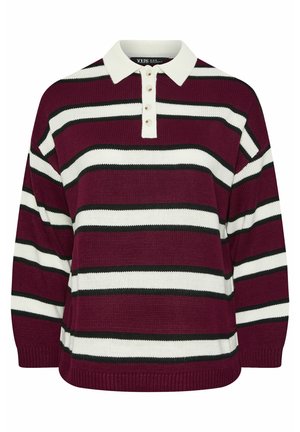 Bordeaux stribet sweater med hvide og sorte vandrette striber, der har en polo-krave og fire-knap lukning. Strikket tekstur, afslappet pasform.
