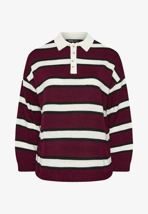 Bordeaux gestreepte trui met witte en zwarte horizontale strepen, voorzien van een polokraag en een placket met vier knopen. Gebreide textuur, ontspannen pasvorm.