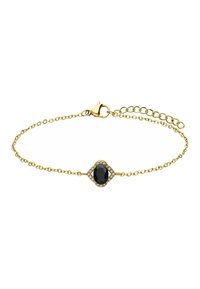 Gouden kettingarmband met een centrale zwarte edelsteen omringd door kleine heldere accenten, met een veilige musketonhaak en een verstelbare ketting.