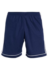 Shorts de sport bleu marine en tissu lisse, avec des bandes blanches sur les côtés et une ceinture élastique pour le confort.