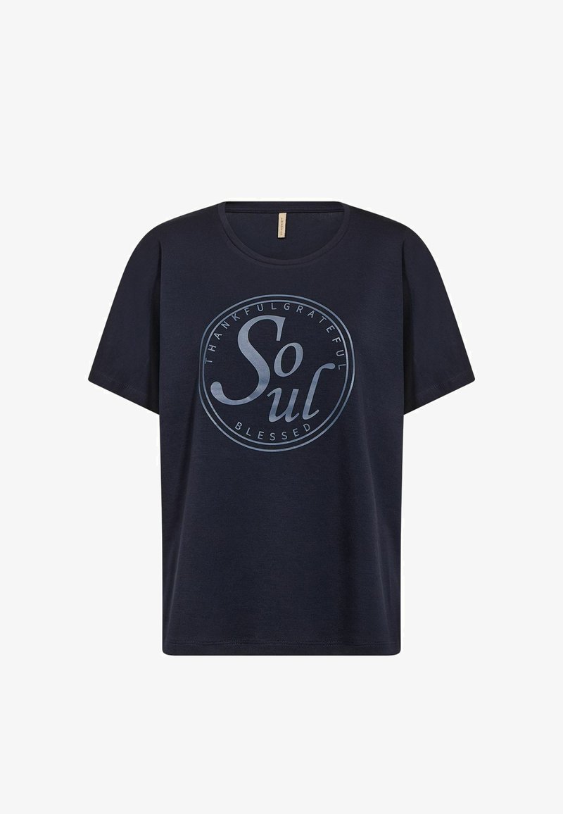 T-shirt bleu marine à manches courtes avec col rond, présentant un design circulaire et le mot "Soul" en grand texte, entouré des mots "Thankful Grateful Blessed".