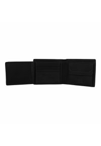 Portefeuille en cuir noir, design pliant avec des emplacements pour cartes à l'intérieur et un compartiment. Texture lisse, couture minimale et détail de marquage subtil.