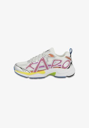 White athletic shoe featuring a mesh upper, colorful accents in pink, orange, and yellow, and a chunky sole with blue and black details.