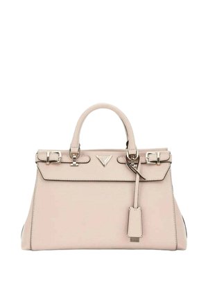 Sac à main en cuir beige avec deux poignées supérieures, deux sangles à boucle et une étiquette suspendue, arborant un logo triangulaire sur le rabat.