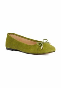 Green suede ballet flats with a rounded toe and a bow detail at the front, featuring a thin black rubber sole and a smooth interior lining.