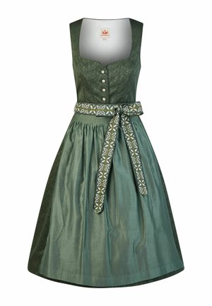 Green traditional sleeveless dress with patterned bodice, silver buttons, gathered skirt, and embroidered sash tied at the waist.