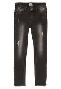 Jeans de mezclilla negra con corte ajustado, que presentan acentos desgastados, áreas descoloridas y un dobladillo deshilachado. Diseño clásico de cinco bolsillos.