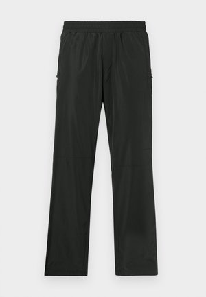 Black cargo pants made of a lightweight, smooth material. Features an elastic waistband, straight leg design, and side pockets.