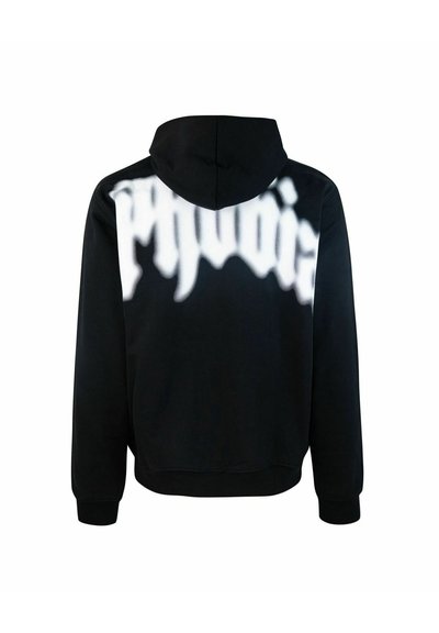 Felpa nera con cappuccio che presenta una grande grafica testuale bianca sul retro. Realizzata in tessuto morbido, con tasca a marsupio e polsini a coste.