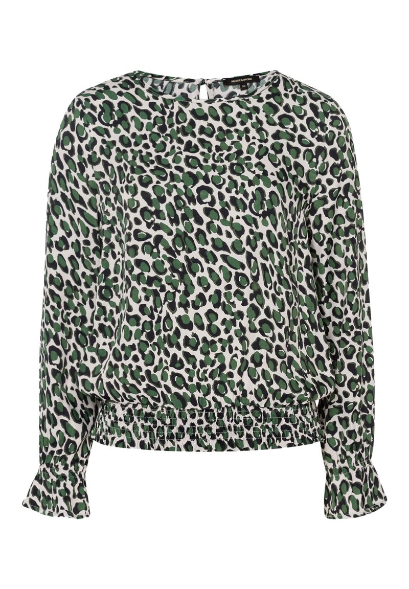 Bluse mit grünem und schwarzem Leopardenmuster, langen Ärmeln, elastischem Saum und gerafften Manschetten; aus leichtem, glattem Stoff gefertigt.
