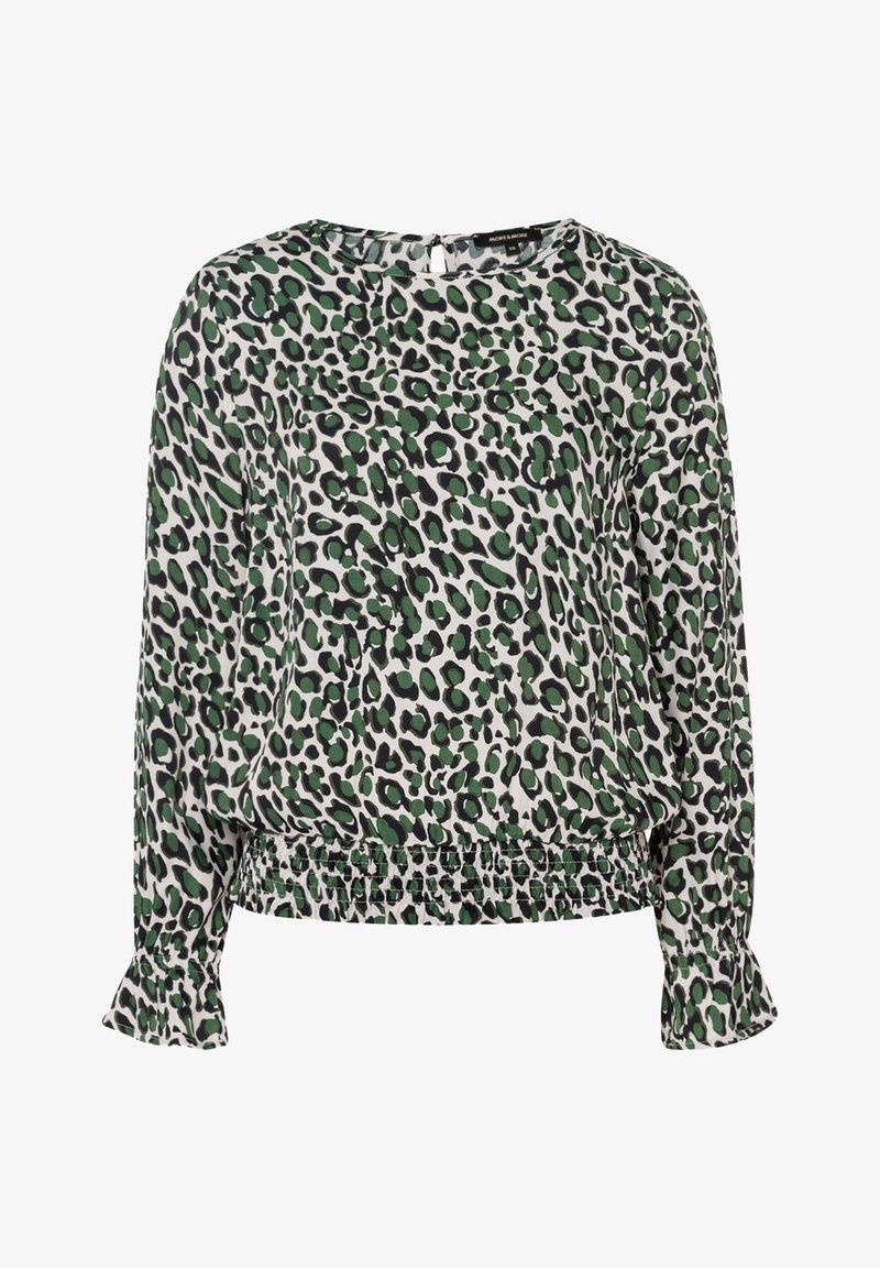 Bluse mit grünem und schwarzem Leopardenmuster, langen Ärmeln, elastischem Saum und gerafften Manschetten; aus leichtem, glattem Stoff gefertigt.