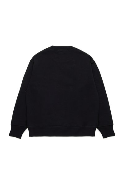 Felpa nera con maniche lunghe, scollo rotondo e polsini a costine. Tessuto in cotone liscio con un design semplice e uniforme, senza motivi visibili.