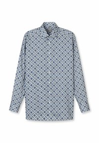 Langärmliges Hemd in Hellblau mit einem filigranen Blumenmuster in dunkleren Blau- und Brauntönen, gefertigt aus Baumwollstoff.