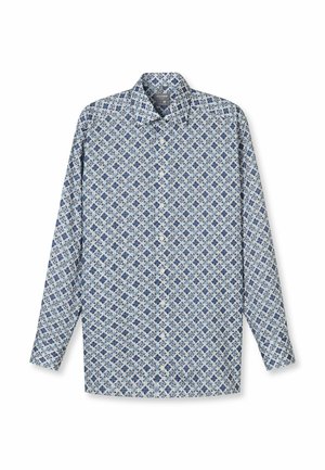 Langärmliges Hemd in Hellblau mit einem filigranen Blumenmuster in dunkleren Blau- und Brauntönen, gefertigt aus Baumwollstoff.