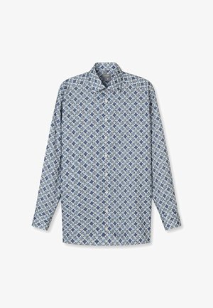 Langärmliges Hemd in Hellblau mit einem filigranen Blumenmuster in dunkleren Blau- und Brauntönen, gefertigt aus Baumwollstoff.