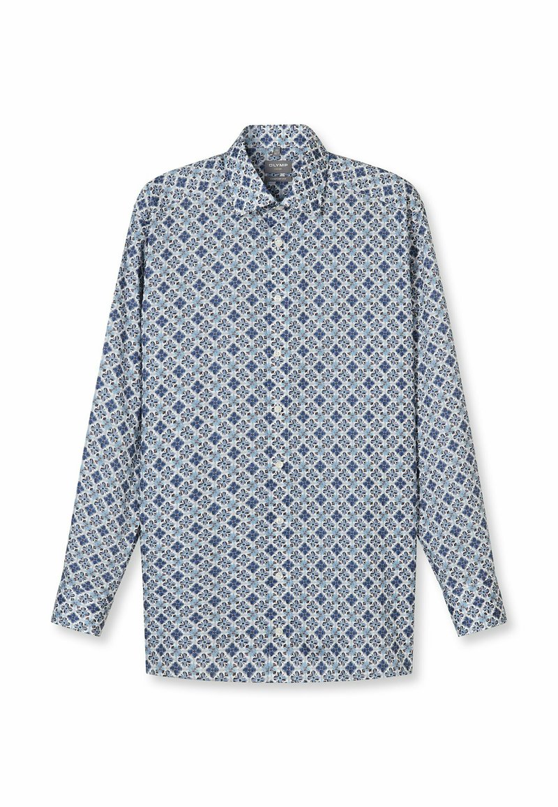 Langärmliges Hemd in Hellblau mit einem filigranen Blumenmuster in dunkleren Blau- und Brauntönen, gefertigt aus Baumwollstoff.