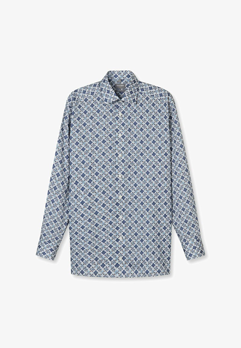 Langärmliges Hemd in Hellblau mit einem filigranen Blumenmuster in dunkleren Blau- und Brauntönen, gefertigt aus Baumwollstoff.