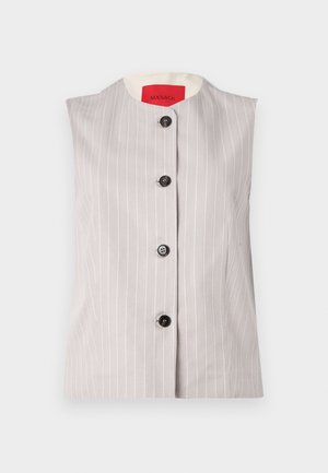 Sleeveless gray vest with white pinstripes, round neckline, and five front black buttons; features a cream inner lining.
