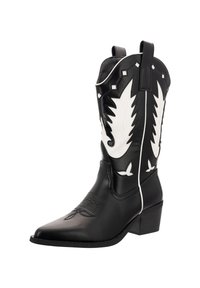 Czarne skórzane kowbojskie buty z białym wzorem, ostre noski, przeszycia i krótki, zgrubiony obcas.