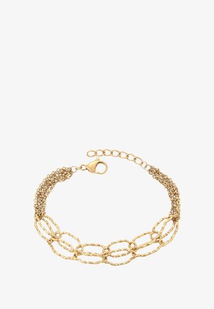 Złota bransoletka z teksturowanymi owalnymi ogniwami połączonymi z wieloma cienkimi łańcuszkami i zapięciem typu lobster z regulowanym łańcuszkiem.