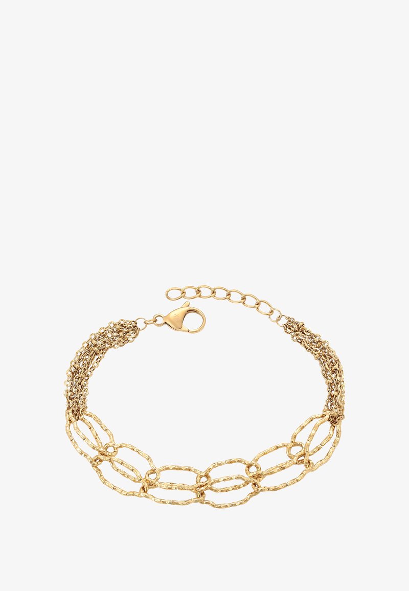 Zlatý náramek s texturovanými oválnými články spojenými s několika tenkými řetízkami a s karabinkovým zapínáním s nastavovací řetízkou.