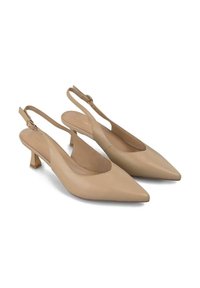 Talons aiguilles slingback en cuir beige avec un bout pointu, un petit talon carré et une sangle réglable. Texture lisse avec un minimum de détails en métal.