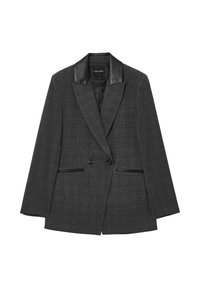 Blazer à carreaux gris avec col en cuir noir, deux poches avant, fermeture à double bouton et épaules structurées. Texture lisse et coupe cintrée.
