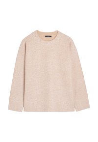 Beżowy sweter z teksturowanym wzorem, okrągłym dekoltem i długimi rękawami. Wykonany z miękkiego materiału, charakteryzujący się luźnym fasonem dla wygody.