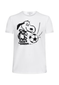 Weißes Baumwoll-T-Shirt mit einer Illustration eines schwarz-grauen Cartoon-Hundes und einem Fußball auf der Vorderseite. Kurzärmelig, Rundhalsausschnitt.